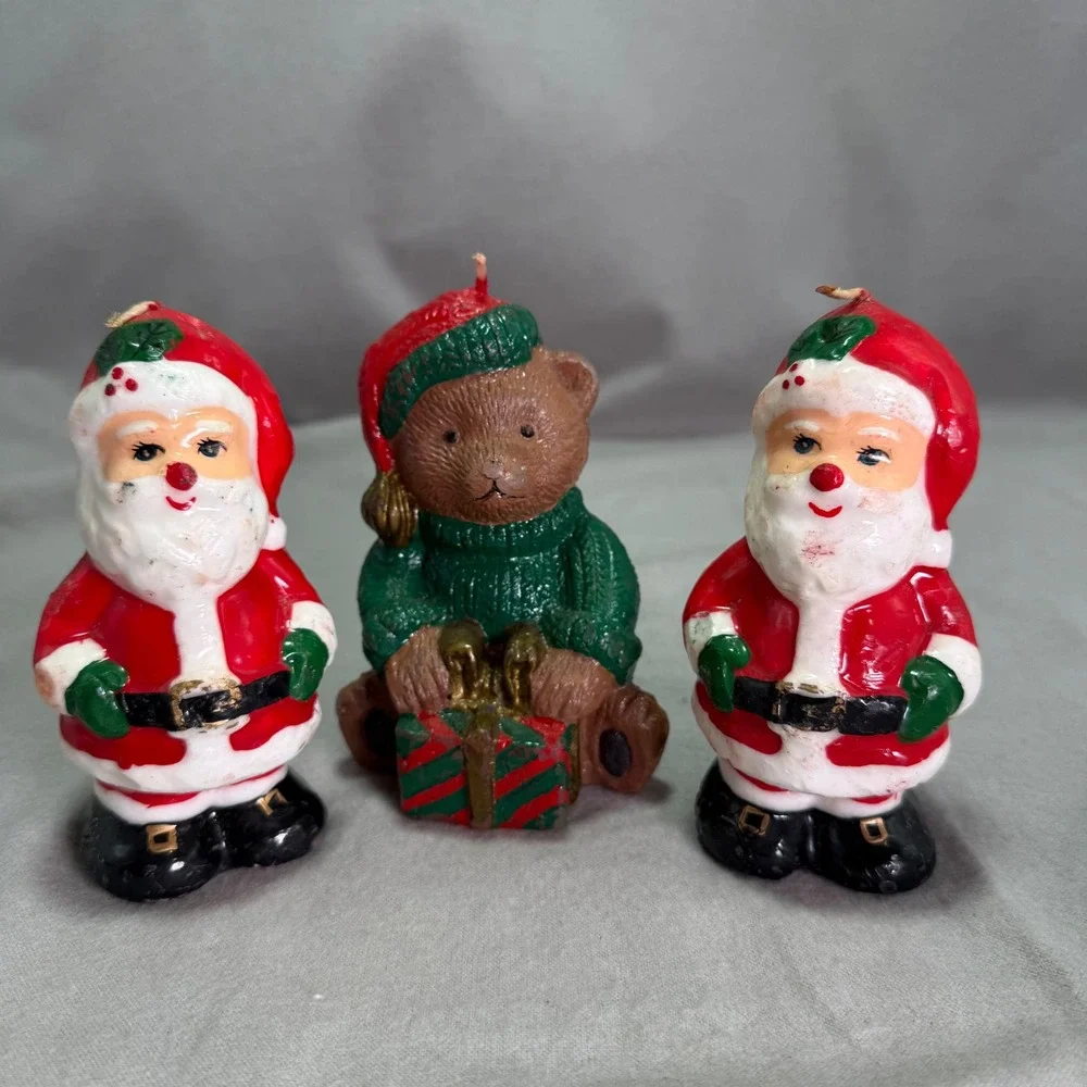 Vintage Christmas Candle Lot Interpur Santa Claus Teddy Bear Retro Kitsch Unlit